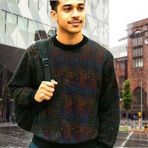 TRICOTS ST RAPHAEL Earthy Palette Geometric Motif 100% Merino Wool Sweater Sz L